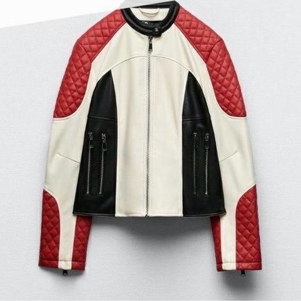 Zara Red and White Leather Jacket - Picture 1 of 3